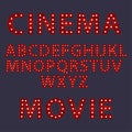 Cinema movie. Red letters with luminous glowing lightbulbs. Vector typography words design. Template type font for poster