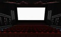Cinema or movie theater. Blank white screen on the movie theater wall. There were no people on the red chair. 3D rendering Royalty Free Stock Photo