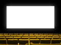 Cinema movie theatre with yellow seats and a blank white screen