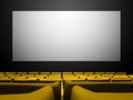 Cinema movie theatre with yellow seats and a blank white screen