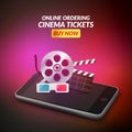 Cinema movie ticket online order concept. Mobile cinema smartphone app or web reservation. Vector illustration Royalty Free Stock Photo