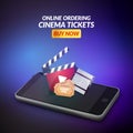 Cinema movie ticket online order concept. Mobile cinema smartphone app or web reservation. Vector illustration Royalty Free Stock Photo
