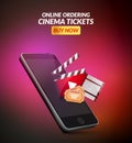 Cinema movie ticket online order concept. Mobile cinema smartphone app or web reservation. Vector illustration Royalty Free Stock Photo