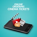 Cinema movie ticket online order concept. Mobile cinema smartphone app or web reservation. Vector illustration Royalty Free Stock Photo