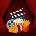 Cinema, movie time. Cinema movie theater object on curtain background. Royalty Free Stock Photo