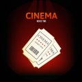 Cinema, movie time concept. Two retro movie tickets on cinema.
