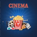 Cinema movie vector poster design template. Popcorn, filmstrip, clapboard, tickets. Movie time background banner