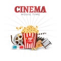 Cinema movie vector poster design template. Popcorn, filmstrip, clapboard, tickets. Movie time background banner