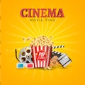 Cinema movie vector poster design template. Popcorn, filmstrip, clapboard, tickets. Movie time background banner Royalty Free Stock Photo
