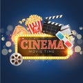 Cinema movie vector poster design template. Popcorn, filmstrip, clapboard, tickets. Movie time background banner shining sign Royalty Free Stock Photo