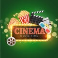 Cinema movie vector poster design template. Popcorn, filmstrip, clapboard, tickets. Movie time background banner shining sign Royalty Free Stock Photo