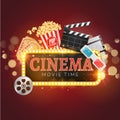 Cinema movie vector poster design template. Popcorn, filmstrip, clapboard, tickets. Movie time background banner shining sign