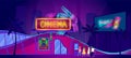 Cinema neon signboard, young people go to movie theater at night, vector illustration Royalty Free Stock Photo