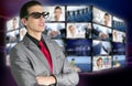 Cinema in new 3D glasses with boy spectator Royalty Free Stock Photo