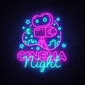 Cinema Night Neon Logo Vector. Movie Night neon sign, design template, modern trend design, night neon signboard, night