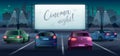 Cinema night vector banner in cartoon style. Drive-in movie theater with large screen and cars poster. Audience watching