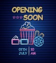 Cinema opening neon sign Vector. Glowing billboard dark background. Shinning templates movie festival symbols