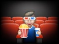 Cinema Pall 3D Glasses Big Popcorn Soda Water Male Guy Man Boy Character Sit Armchair Realistic Cartoon Flat Design Royalty Free Stock Photo