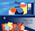 Cinema people banners. Happy couple watching films sitting in cinema hall vector concept