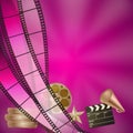 Cinema pink background clapper, rolls, star and filmstrips. vector illustration