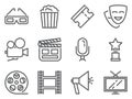 Cinema pixel perfect icons. Set of line pictograms of 3D glasses, pop corn, tickets, camera, reward, TV, film and other movie rela