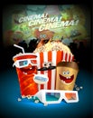 Cinema poster design template with funny food symbols - popcorn box, soda drink, coffee and 3D glasses Royalty Free Stock Photo