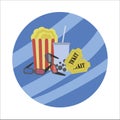 Cinema poster. Night film movies,popcorn and other snack. Films ticket.Cartoon cinema elements. Movie theater popcorn.