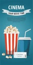 Cinema poster with popcorn bowl, drink and tickets isolated on blue background, Royalty Free Stock Photo