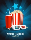 Cinema poster with snack and 3D glasses. Royalty Free Stock Photo