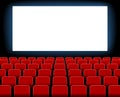 Cinema screen. Cinema with screen and seat. Theater hall with interior. Auditorium for movie, theatre. Empty stage for film. Red Royalty Free Stock Photo