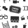 Cinema seamless background. Movie theater symbols, black and white