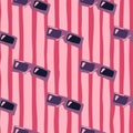 Cinema seamless doodle patten with purple toned 3D glasses. Pink and red stripped background