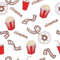 Cinema seamless pattern. Popcorn, film reels and strips