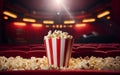 Cinema seat and pop corn facing empty movie screen