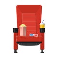 Cinema seat with popcorn, drinks and 3D glasses on white background. Red comfortable armchair movie and film