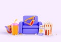 Cinema seat render background. Chair in movie theater with 3d glasses, pop corn bucket, drink, film reel and tickets Royalty Free Stock Photo