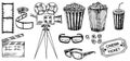 Cinema sketch collection. Hand drawn vector illustrations. Movie and film elements in sketch style. For posters, banners Royalty Free Stock Photo