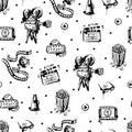 Cinema sketch is a seamless pattern on a white isolated background. Vintage movie camera, popcorn, reel with tape hand