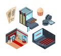 Cinema stage isometric. Inside interior of movie hall entertainment illustrations cinema ticket red curtains vector