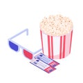 Cinema supplies isometric set. Modern cinema entertainment 3D glasses effect presence yellow salty popcorn two tickets.