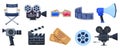 Cinema symbols. Movie theatre or cinematography clapperboard, camera and movie premiere tickets. Film production