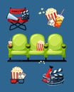 Cinema symbols. Movie and theatre entertainment items time TV food for cinema popcorn clapboard 3D glasses loudspeaker