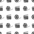 Cinema tape, film reel and clapperboard vintage seamless pattern, handdrawn sketch, retro movie and film industry, vector illustra Royalty Free Stock Photo