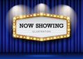 Cinema Theater blue curtains and sign light up design background Royalty Free Stock Photo