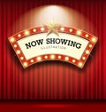 Cinema Theater curve sign red curtain light up banner design background Royalty Free Stock Photo