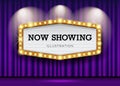 Cinema Theater purple curtains and sign light up design background Royalty Free Stock Photo