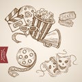 Cinema theater show drama ticket popcorn lineart vector retro