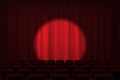 Cinema or theater stage with spotlight on red curtains and chairs. Vector theater, cinema or circus background. Royalty Free Stock Photo