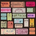 Cinema or theater ticket set. Vintage invite tickets with stamp, retro voucher for museum or concert event isolated