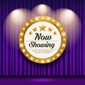 Cinema Theater vector and circle sign gold light up curtains purple design Royalty Free Stock Photo